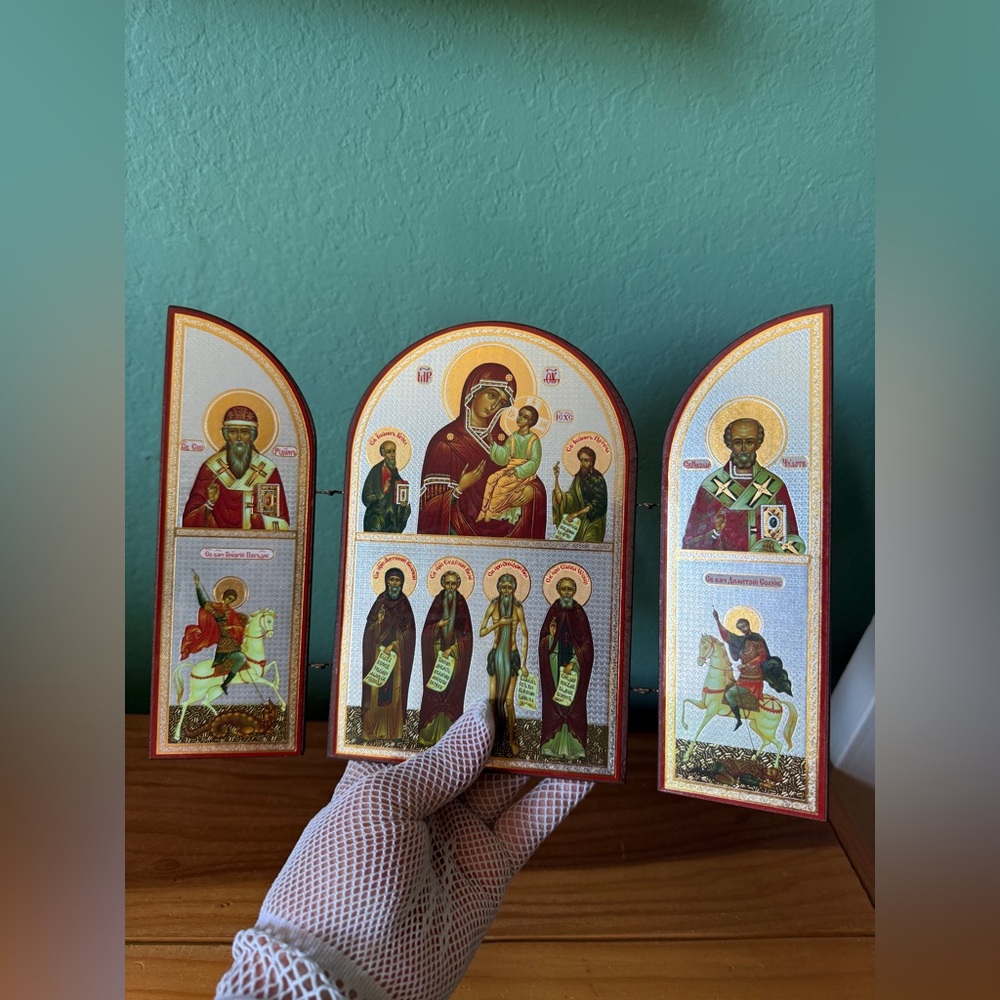 Orthodox Triptych Icon “Joy of All Who Sorrow” Virgin Mary 18.5x26.5 cm Russia - Picture 5 of 7